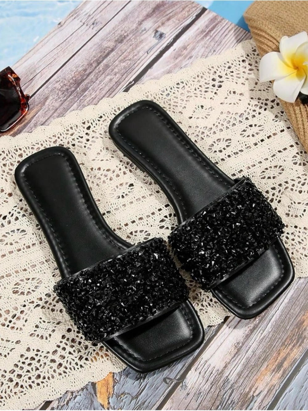 Women’s Sparkly Jeweled Flat Sandals - Black - Size 43